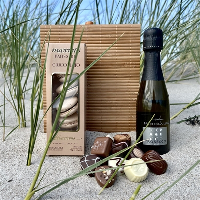 Bambusæske med Prosecco, Belgiske Gourmet Dessertchokolader og Macarons