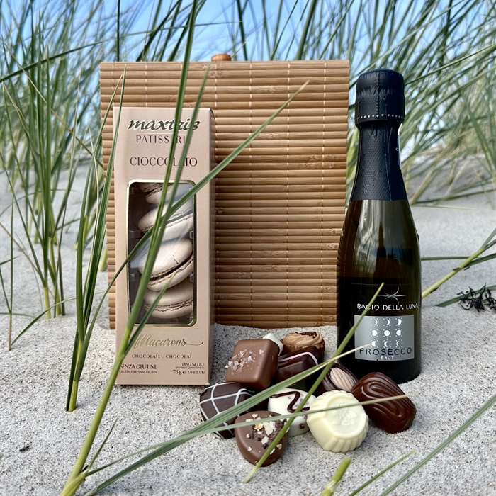 Bambusæske med Prosecco, Belgiske Gourmet Dessertchokolader og Macarons