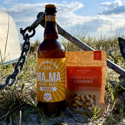 Sommergave med 75 cl. italiensk øl og økologiske cashew nødder
