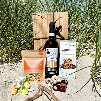 Bambusæske med Hvidvin, Belgisk chokolade, Cantucci og Cashew Nødder