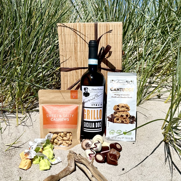Bambusæske med Hvidvin, Belgisk chokolade, Cantucci og Cashew Nødder