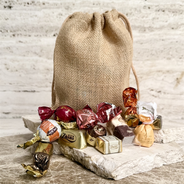 Jutesäck med 200 gram lyxig chokladblandning
