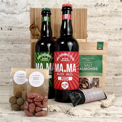 Øl gavekurv med italiensk øl og snacks – Pakket i smuk bambusæske