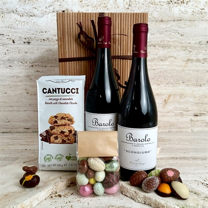 Lyx Vin och Choklad påskgåva med 2 fl. 2017 Barolo, Påskägg och Snacks